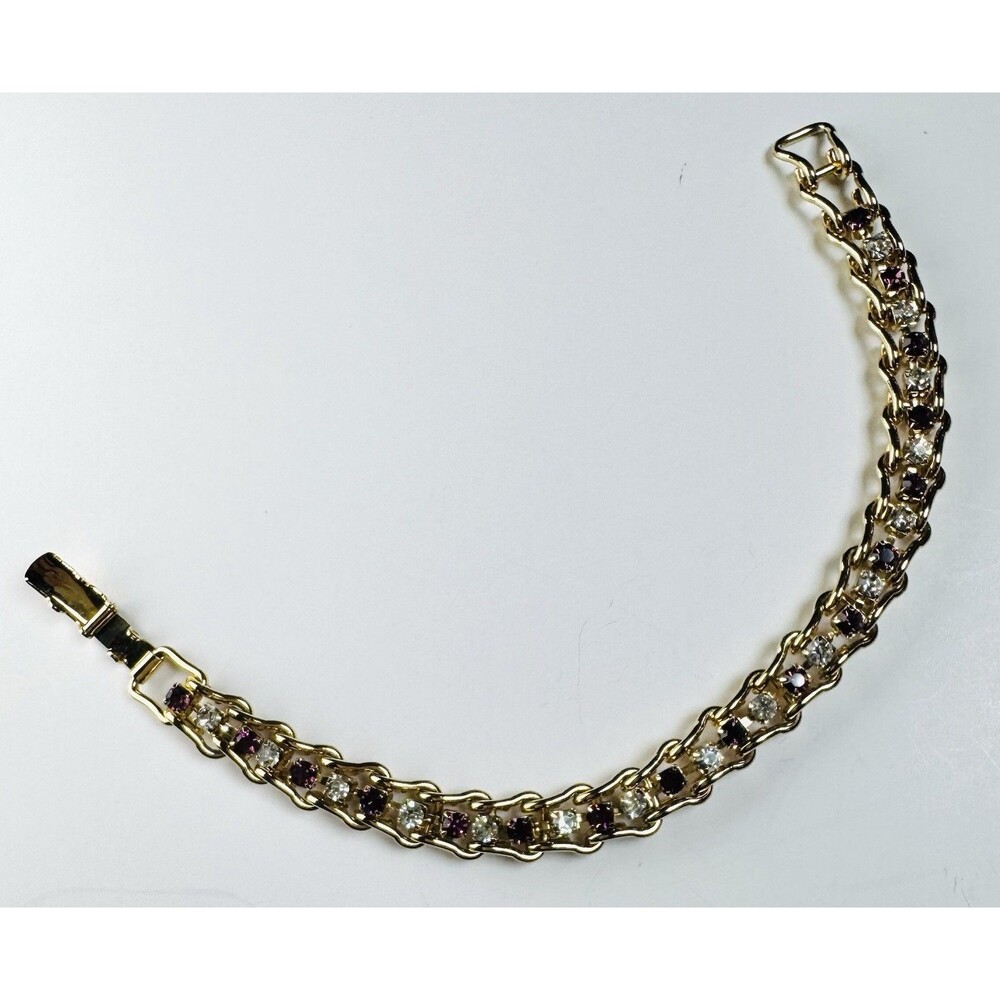 Vintage Kim Rogers Bracelet 7” Gold Tone Clear and Amethyst Crystal Links